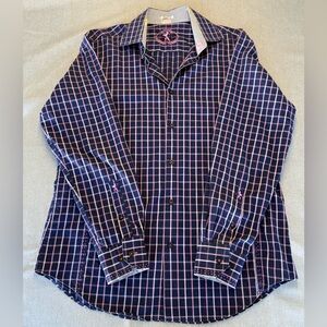 Bugatchi Shirt Mens L Shaped Fit Colorful Plaid Long Sleeve Flip Cuff Floral L.